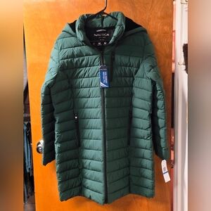 Nautica Green Midweight Stretch Puffer Jacket w/Removable Hood XL